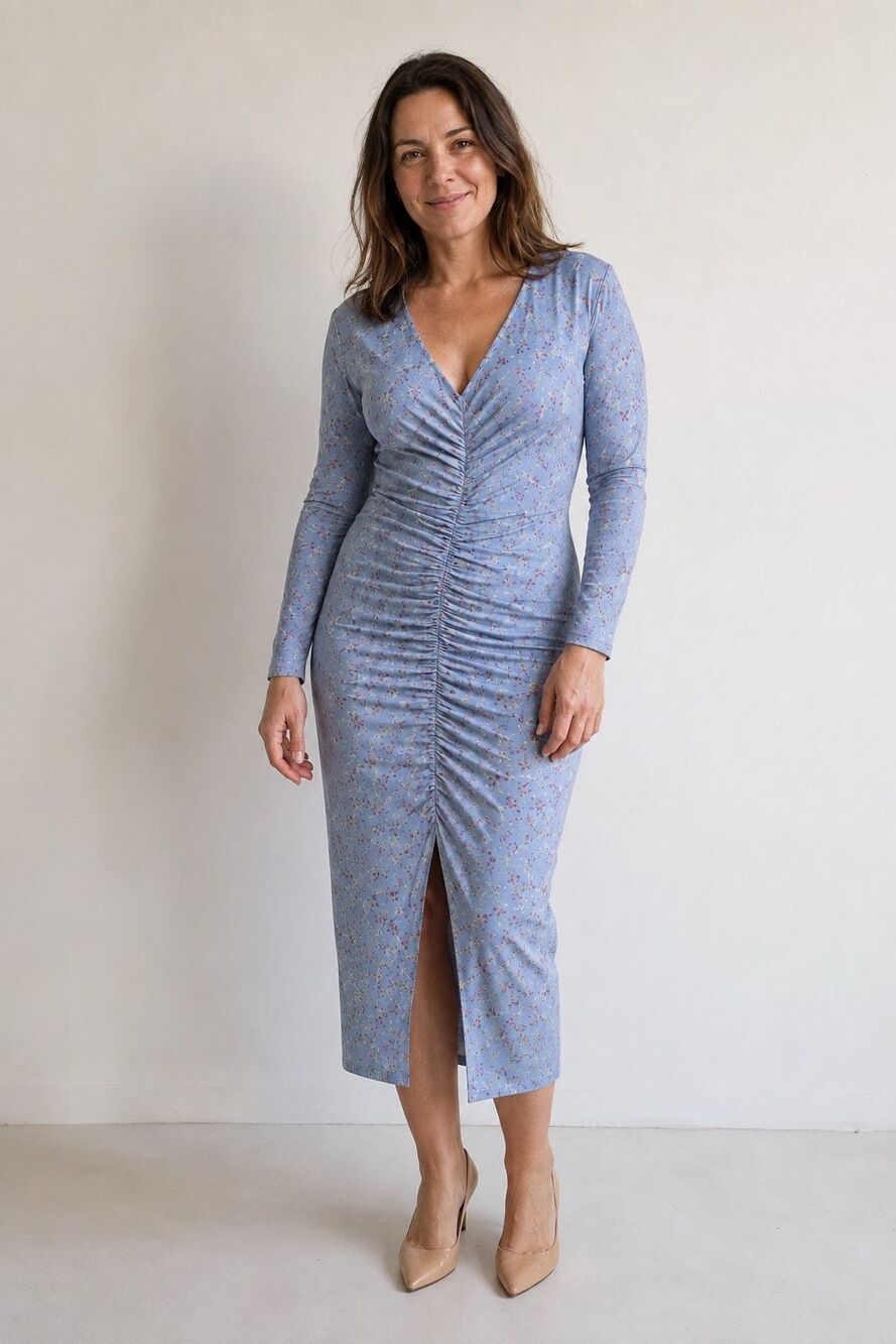 Velvet Torch Floral Ruched Midi Dress Long Sleeve Blue Front Slit NWT M